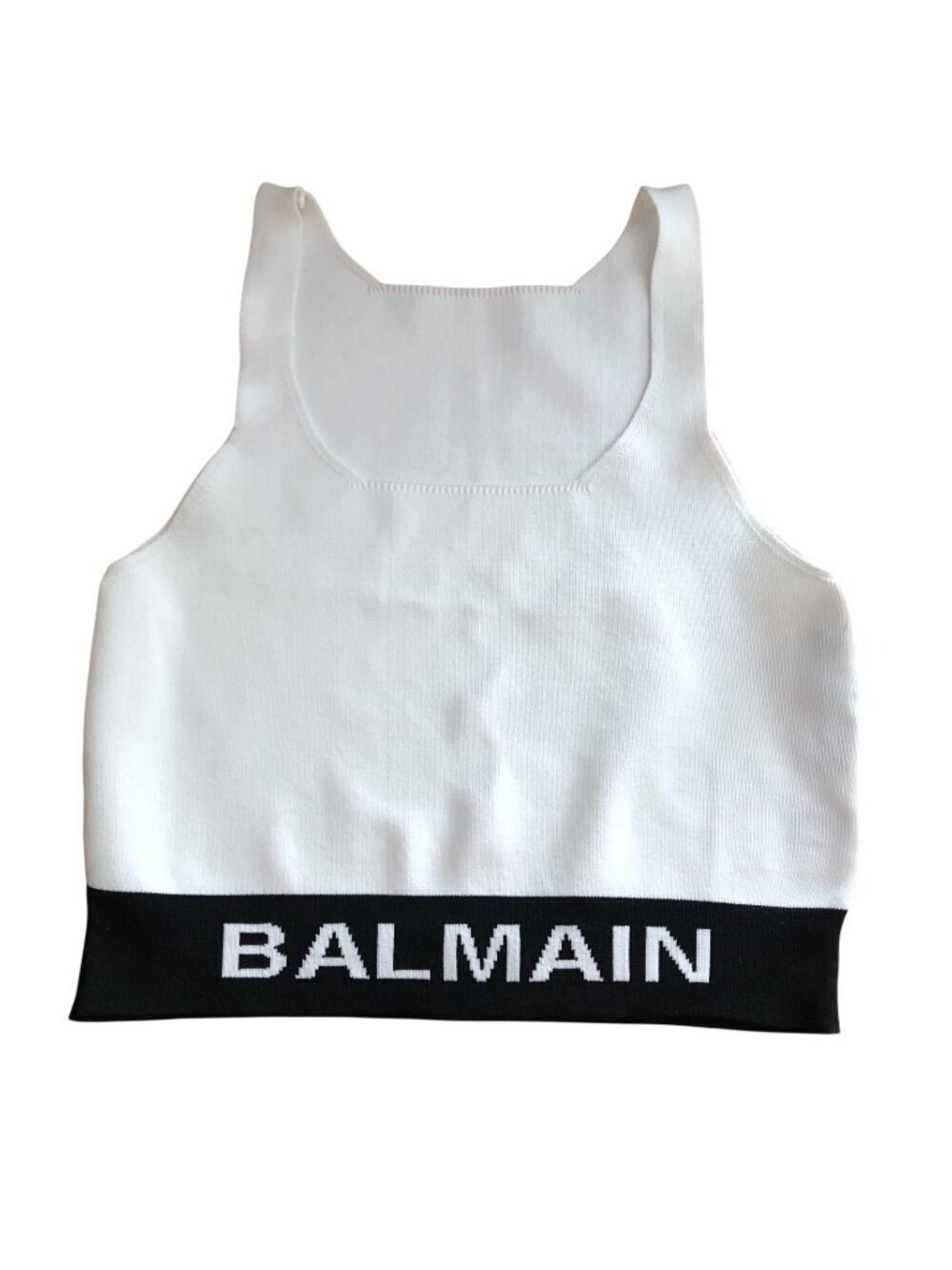 Womens Balmain Stretch Knit Crop Top size S White Black Spell Out Band Sleeveles